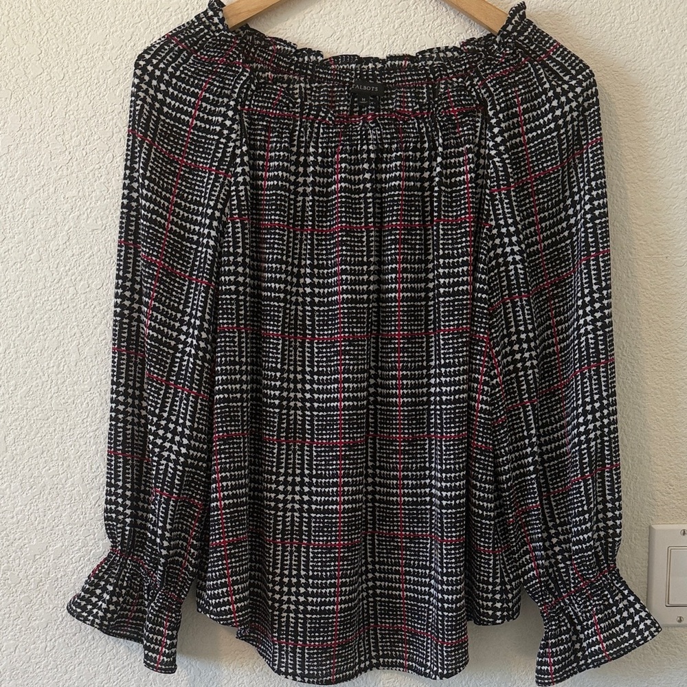 Talbots “like new” pullover silky Glen-plaid elastic collar blouse size Medium